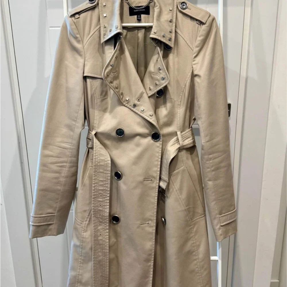 Karen Millen Double-Breasted Studded Tan Trench Coat Size 8 - Picture 2 of 4
